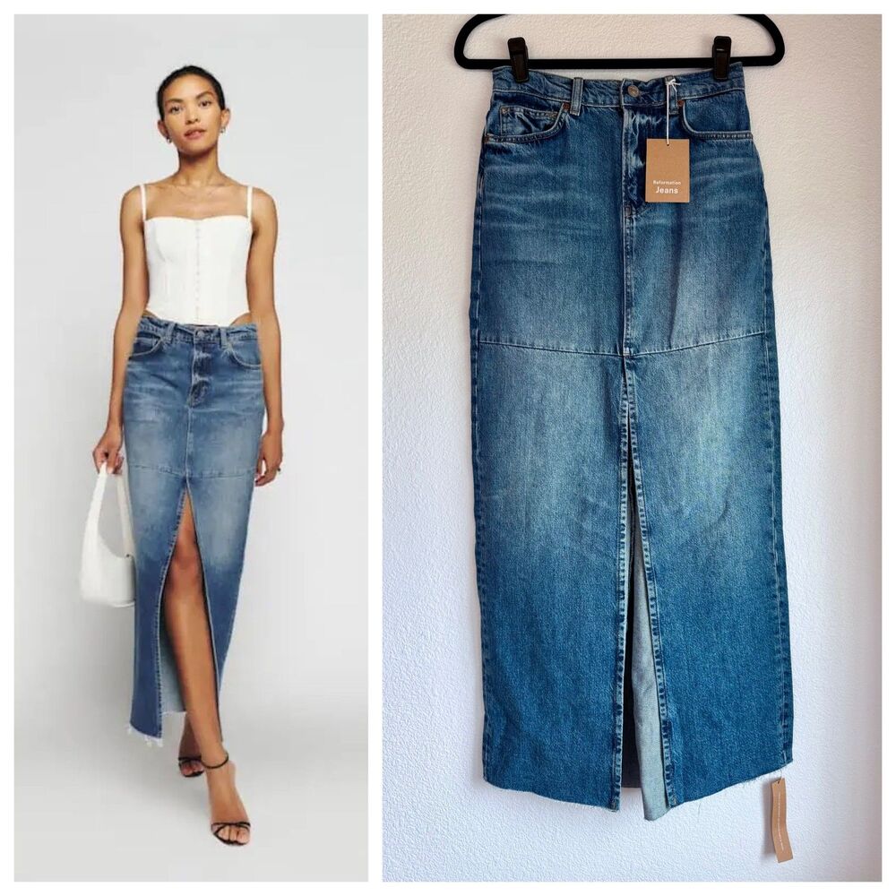 NWT Reformation Tazz Slit Maxi Denim Skirt in Hemlock Medium Wash Size 24